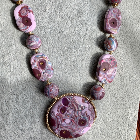 Handmade Polymer Clay Necklace Purple Swirl OOAK - Picture 6 of 15